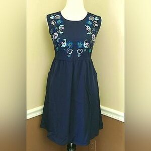 Navy Blue With Embroidered & Beaded Flowers by Yumi from Modcloth Dress NEW